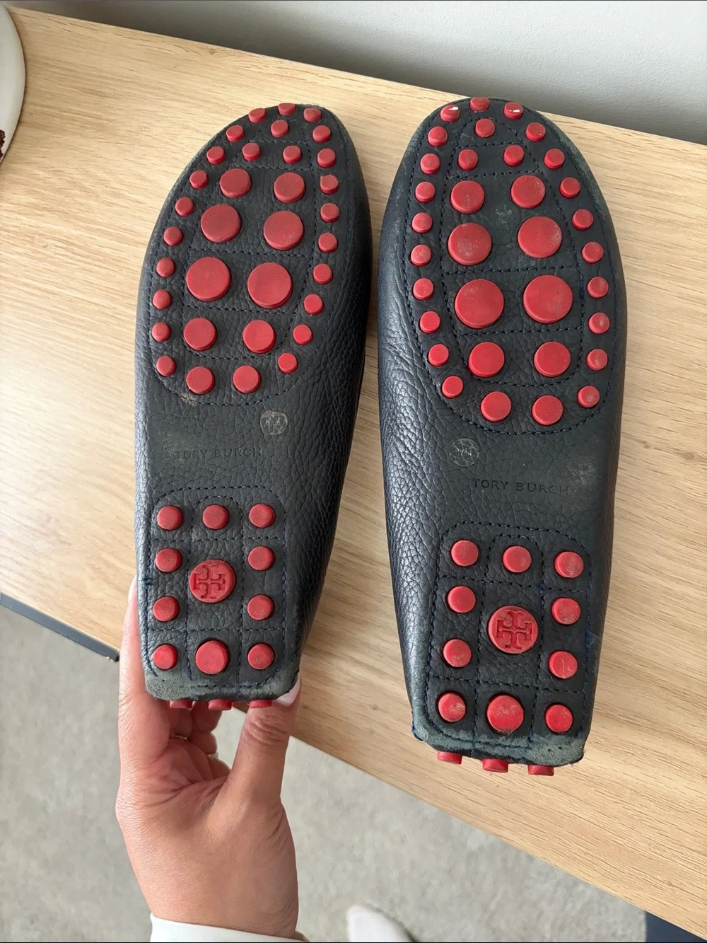 Tory Burch Navy Leather Loafers with Gold Logo Accent